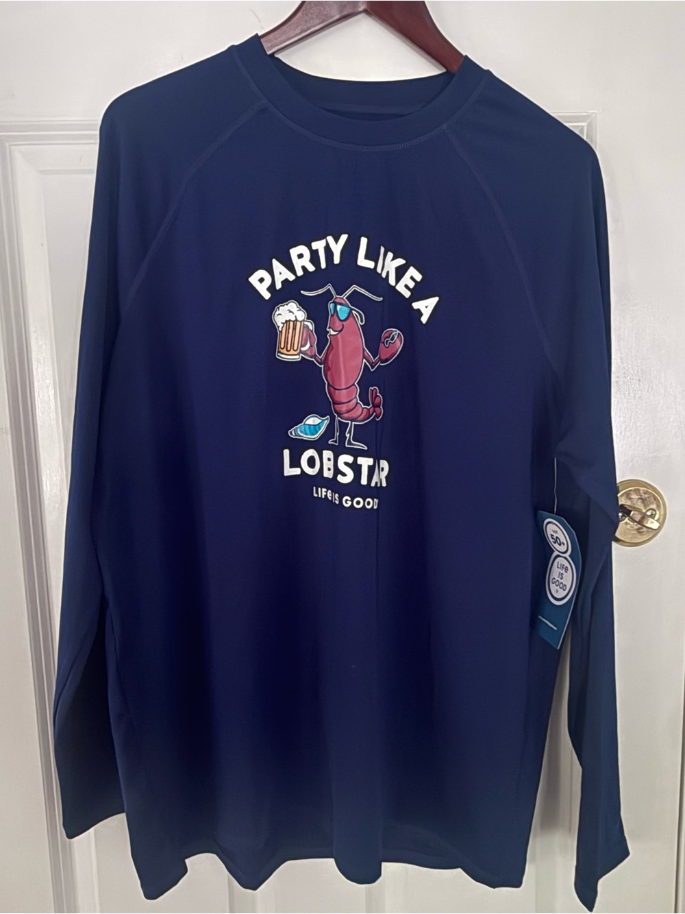 “Life is Good”  Navy "Party Like a Lob Star " Long Sleeve SPF swim shirt, large.